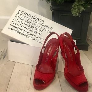 Pedro Garcia red silk Peep toe sling back sandals
